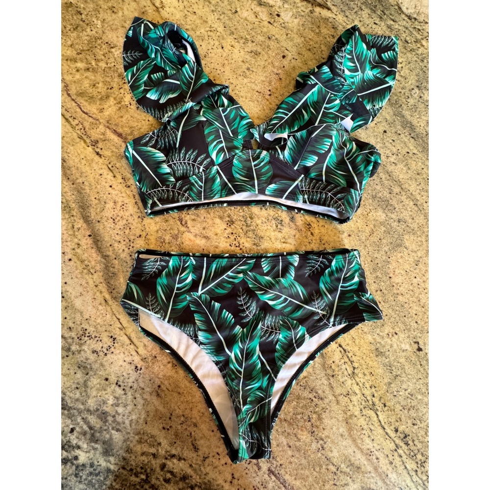 Tropical Green Leaf Ruffle High Waisted Bikini Set Two Piece Swimsuit Small - Picture 1 of 13